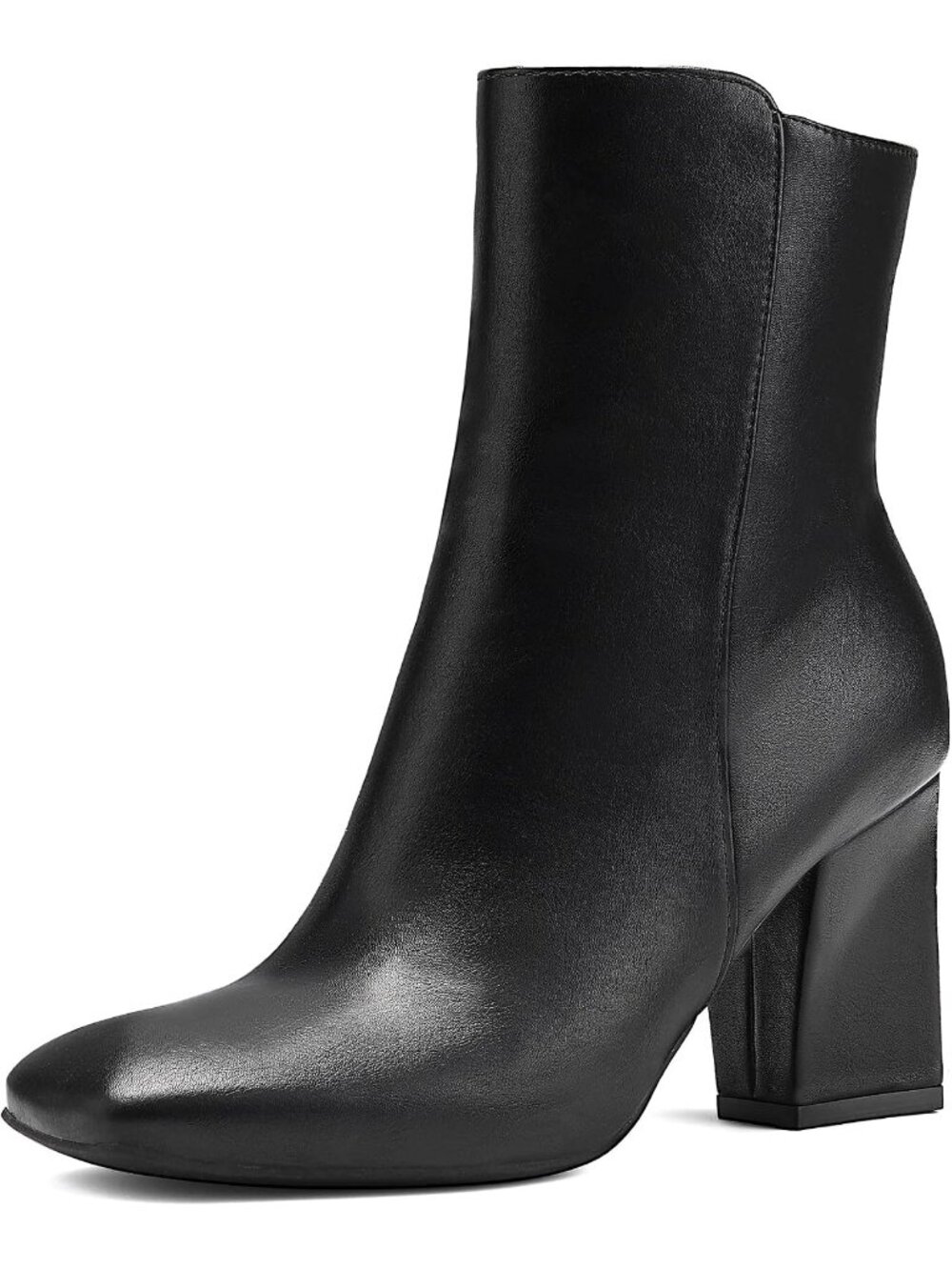 Women's Black Pu Ankle Boots Square Toe GoGo Boots Chunky Block Heel Mid Calf